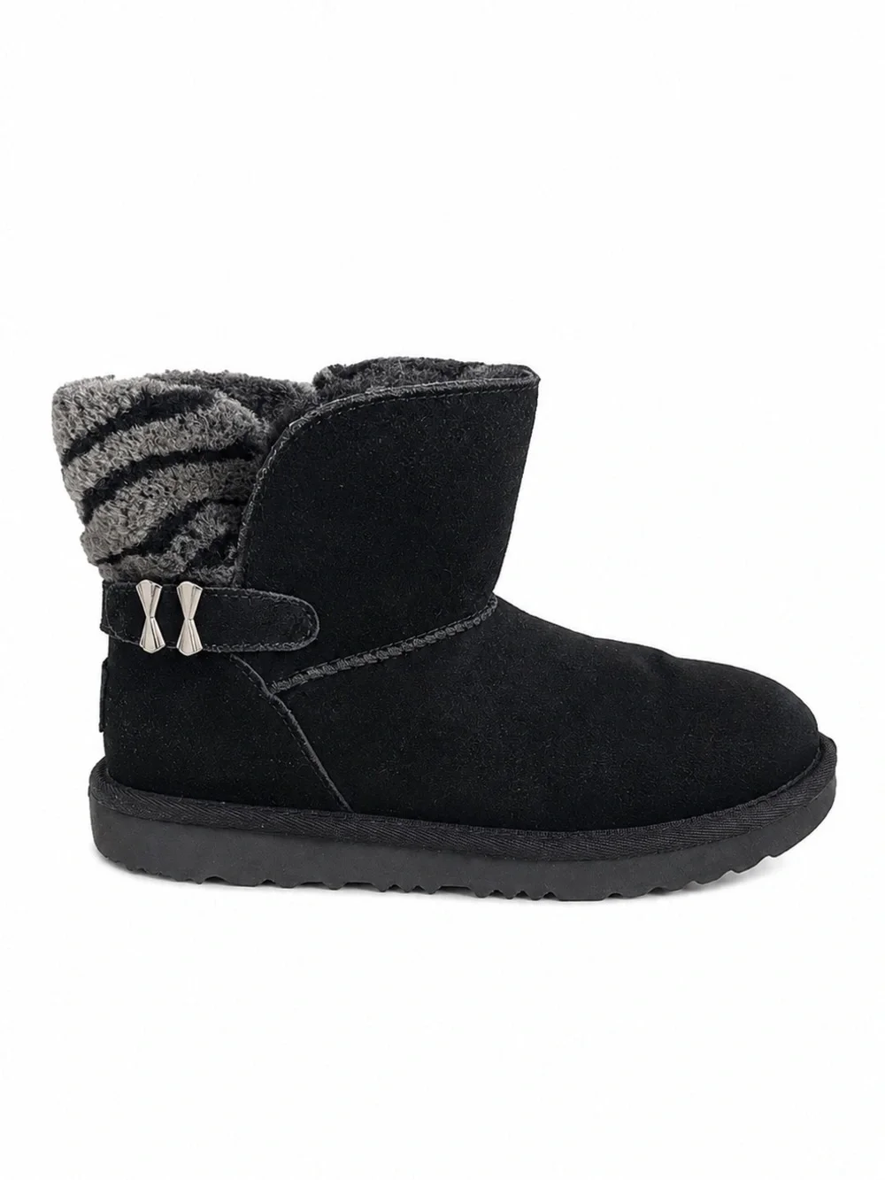 UGG Adria Suede Shearling Fur Cuff Ankle Boots Black Gray Girls Size 4
